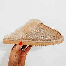 Load image into Gallery viewer, Ladies Faux Sheepskin Shimmer Slippers Champagne
