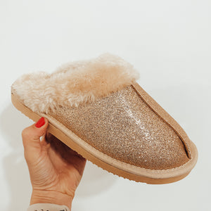 Ladies Faux Sheepskin Shimmer Slippers Champagne