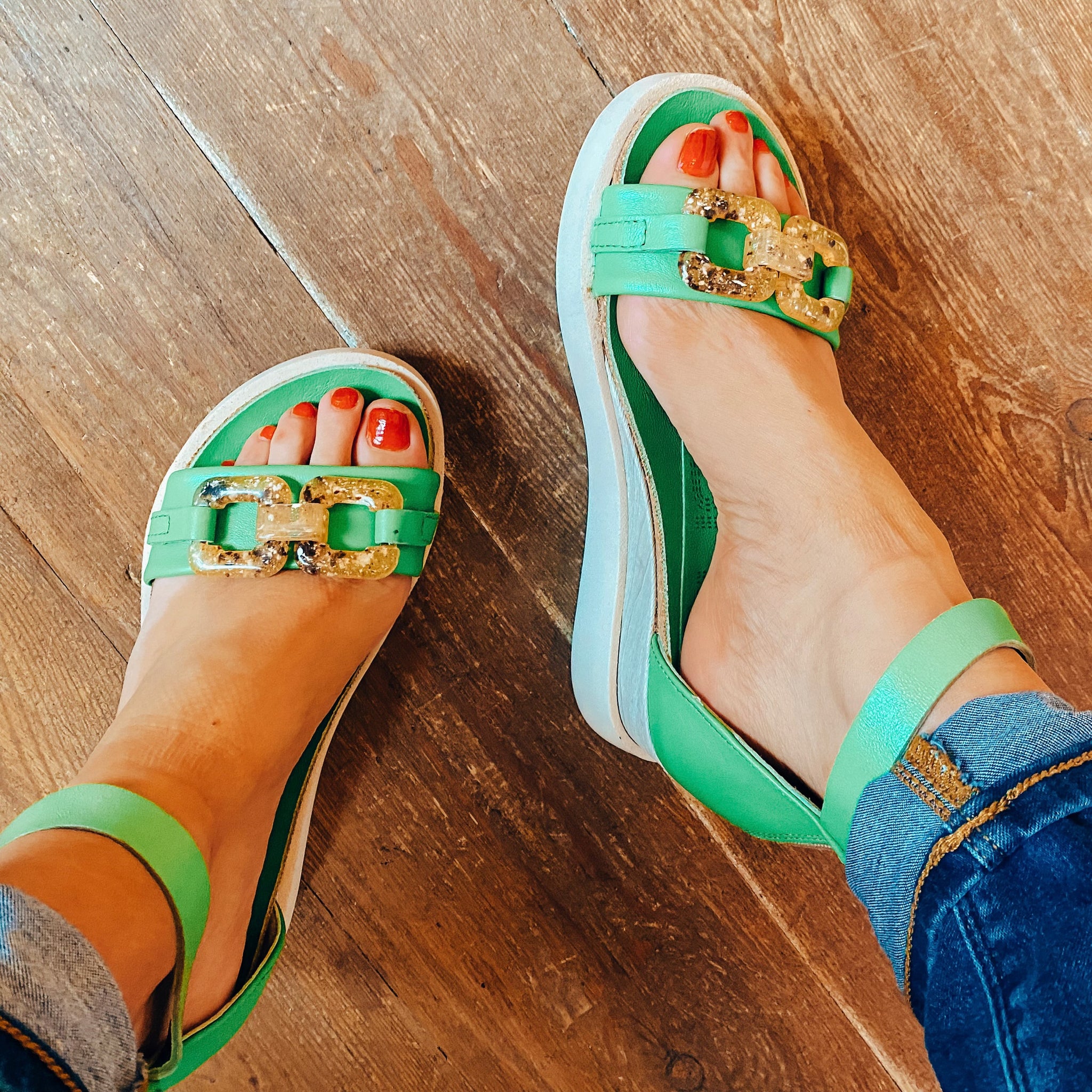 Mjus Leather Wedge Sandals Green Fennec Darwin